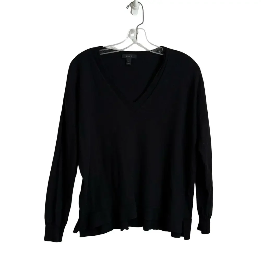 J. Crew Black 100% Merino Wool V-Neck Sweater Drop Shoulder Woman's Size Large